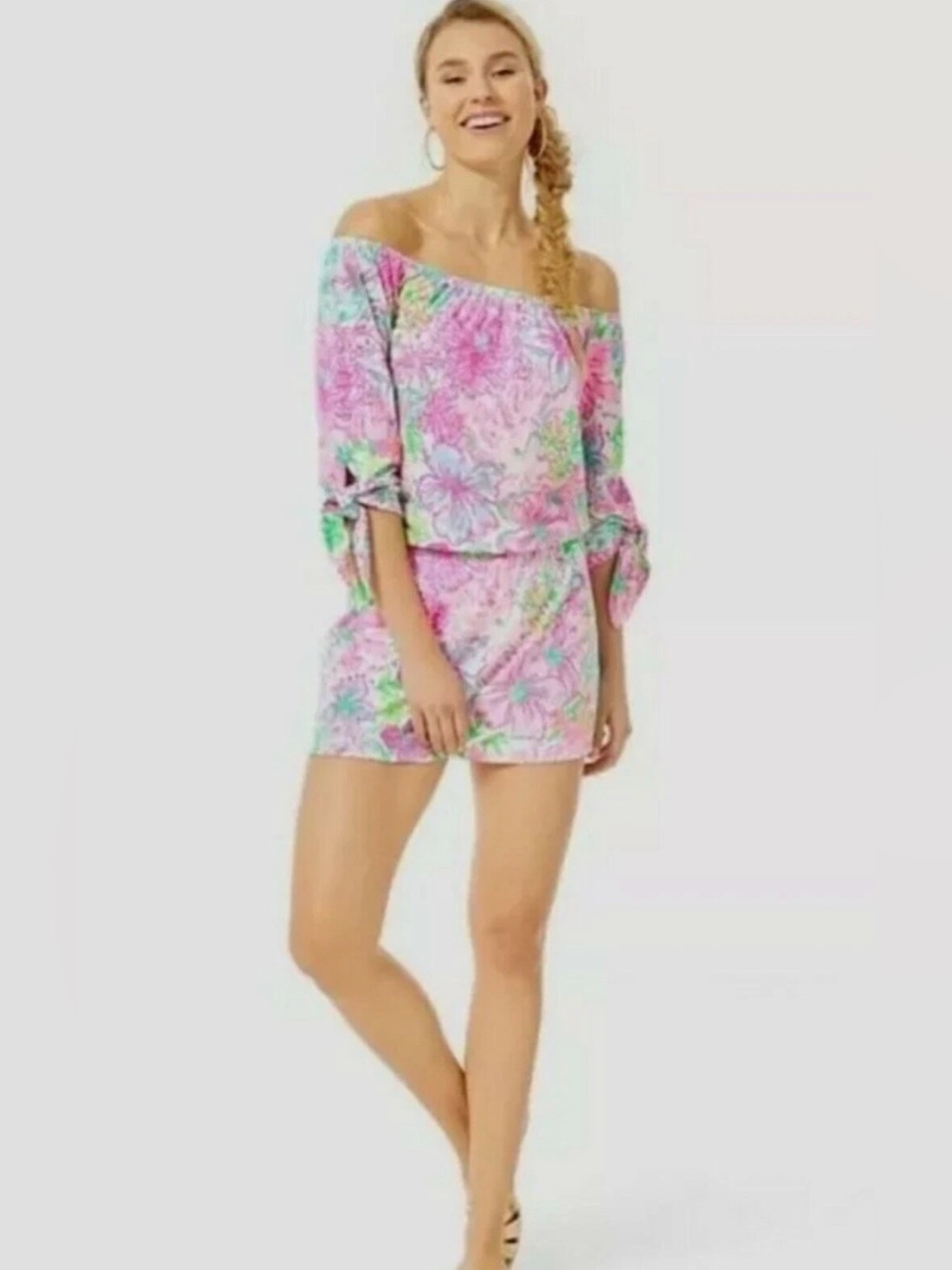 Lilly Pulitzer Lana Skort Romper Paradise Found Off the Shoulder Pink Size Large - Picture 4 of 13